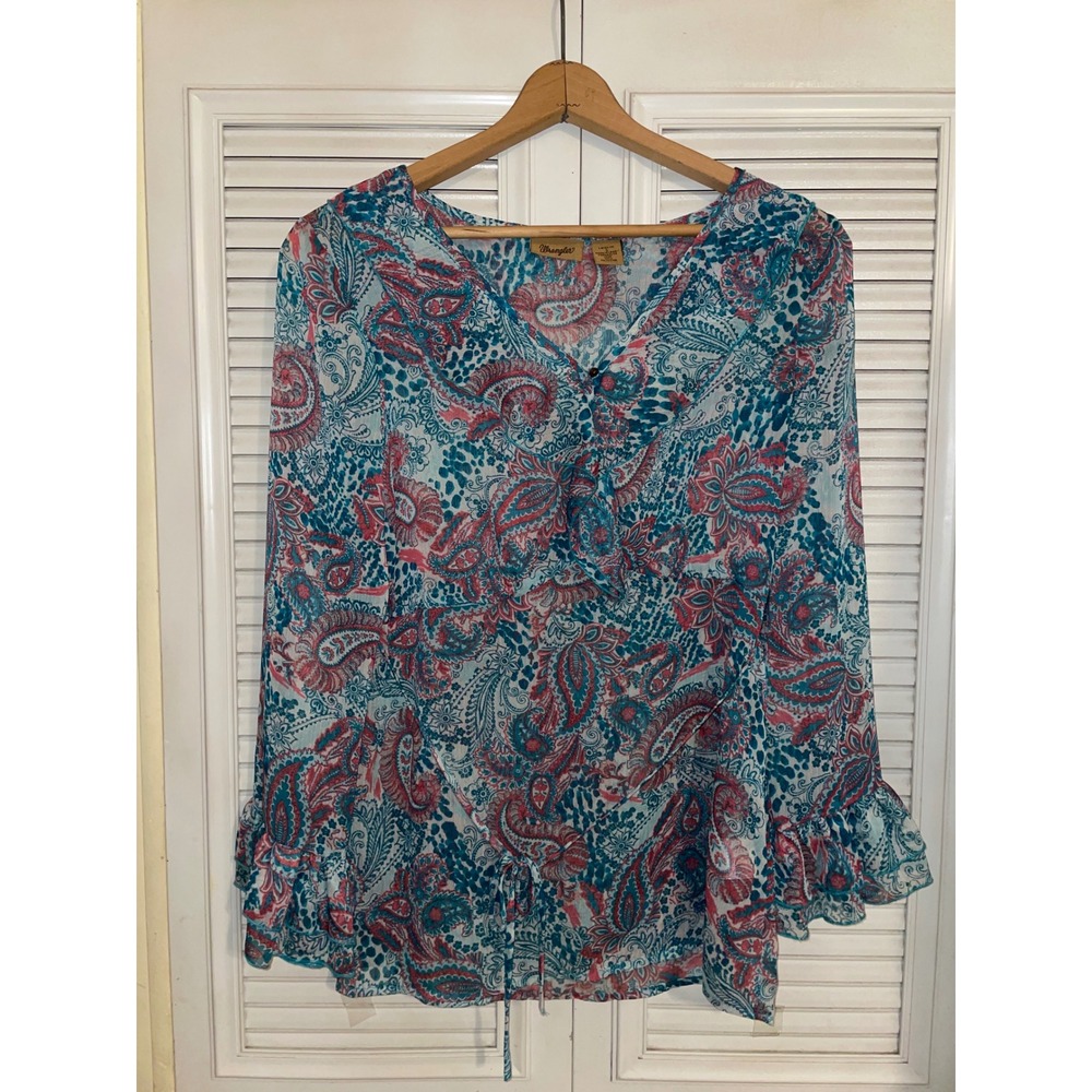 Wrangler Womens Blouse Long Sleeve Paisley Print V Neck Tie Waist Size S